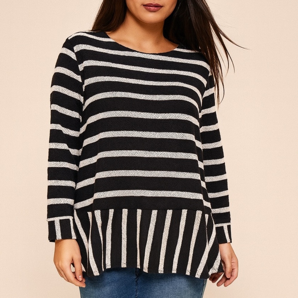 Crown & Ivy Striped Knit Tunic Top Mixed Stripe Hem Long Sleeve
